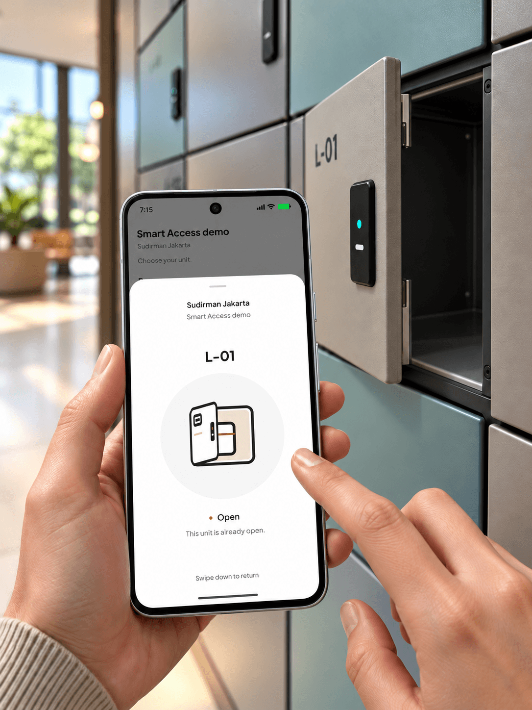 Ilustrasi tangan mengakses loker L-01 yang terbuka melalui layar Akses GemBox di ponsel dengan status Open