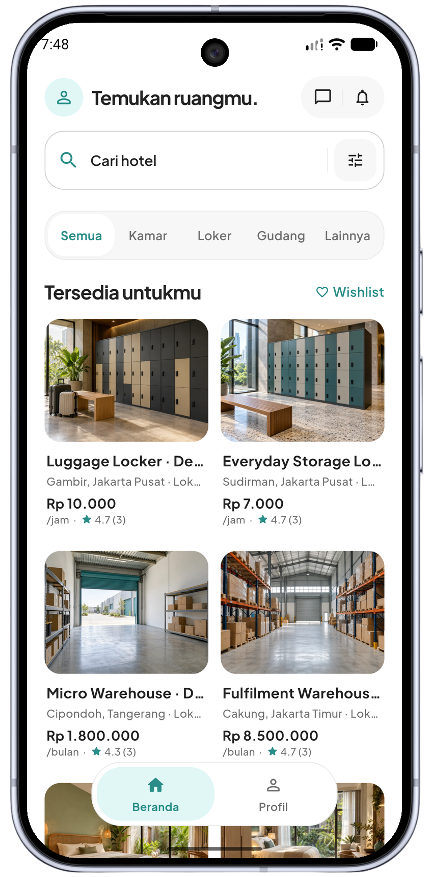 Tampilan aplikasi GemBox dengan pencarian, kategori ruang, dan pilihan yang tersedia untuk Anda